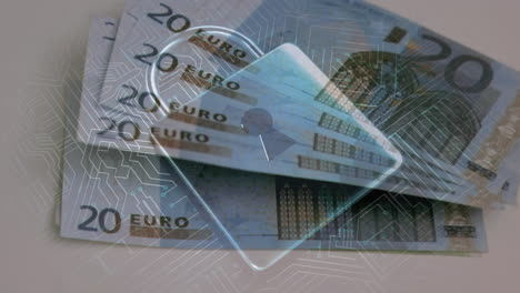 animation of integrated circuit and security padlock over euro banknotes