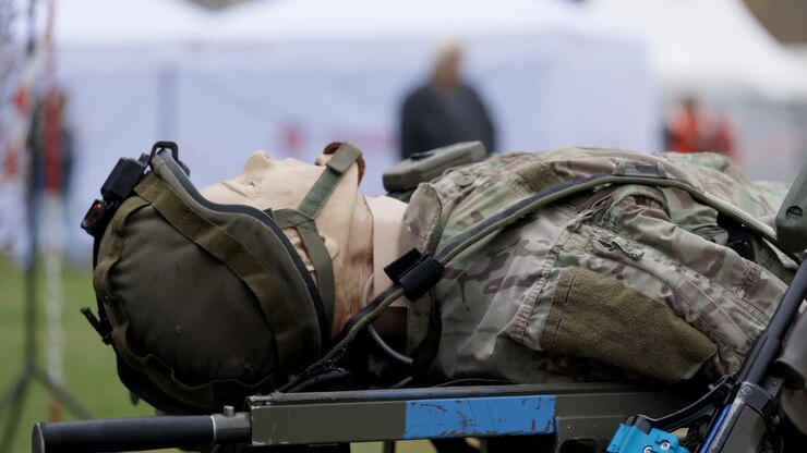 Military Medical Training Simulation with Mannequin on Stretcher