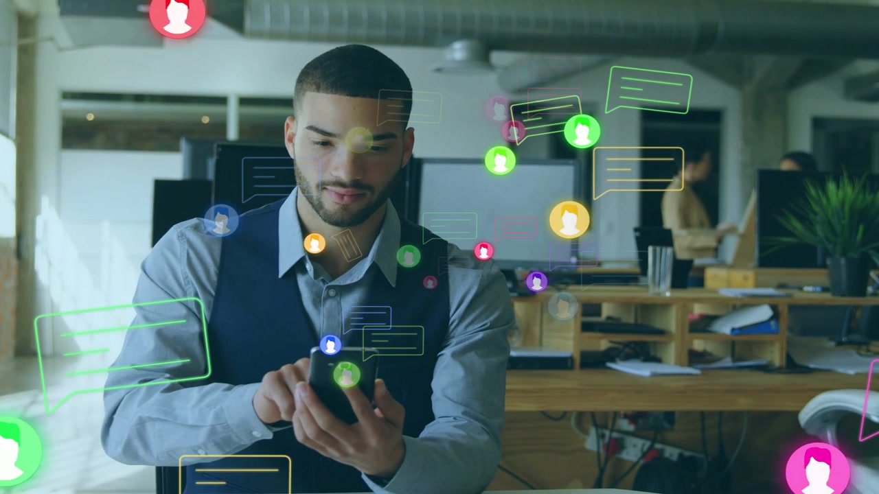 Office professional tapping phone and handling business messages as chat icons appear and multiply
