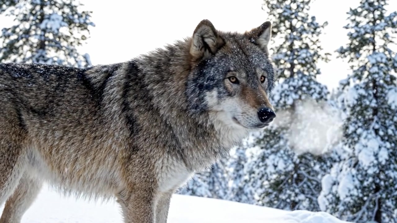 A Majestic Wolf Stands Gracefully in a Snow-Covered Forest, Capturing the Essence of Wildlife's Resilience and Natural Beauty Amidst a Winter Wonderland
