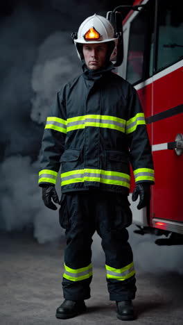 firefighter in uniform near fire truck