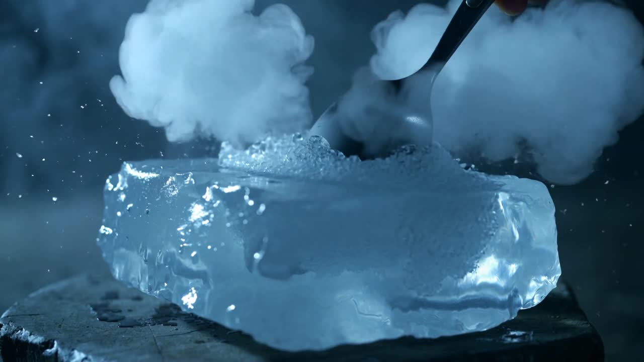 Un cucchiaio di metallo che raschia un blocco di ghiaccio blu su una lastra scura da studio, creando scaglie di ghiaccio e rilasciando vapore.