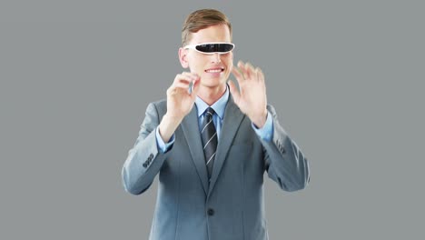businessman in virtual video glasses using digital screen