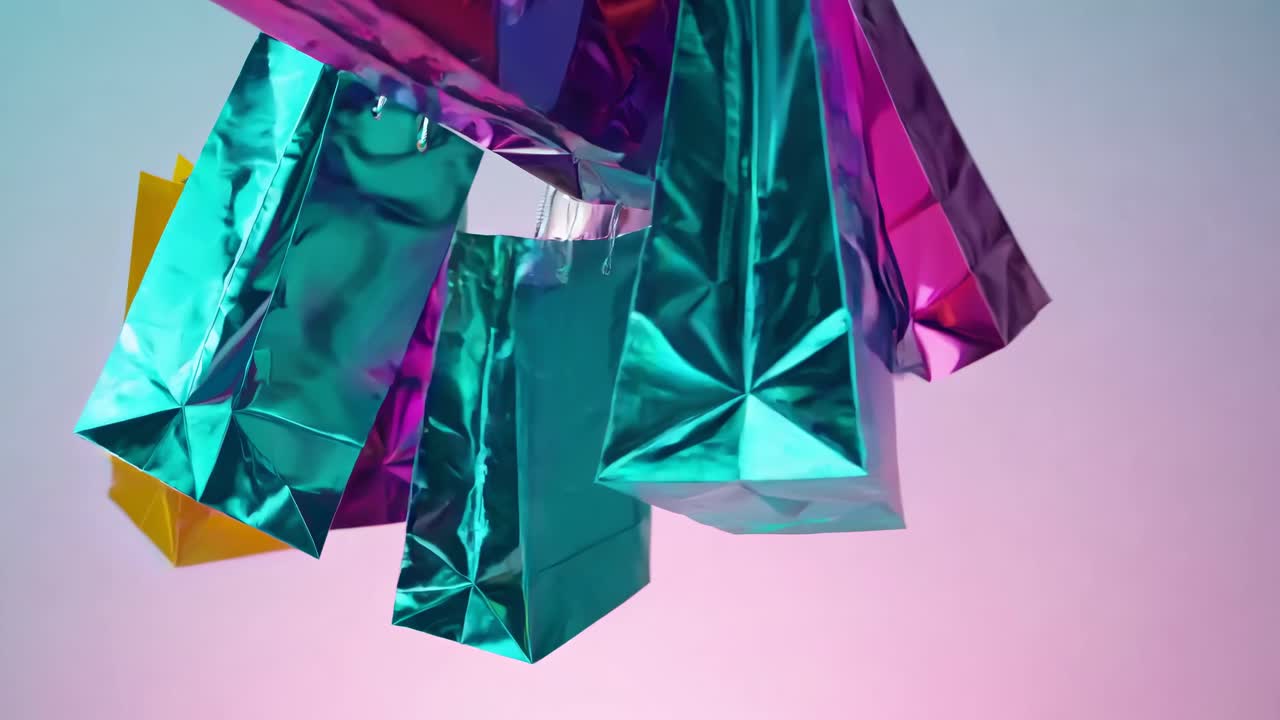 Colorful shopping bags in metallic hues hang mid-air, captured from a low-angle