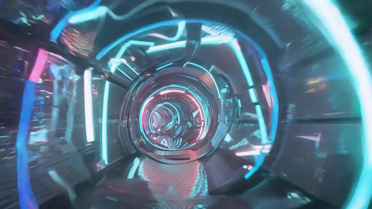 푸른색과 빨간색의 불빛이 빛나는 미래적인 터널입니다.