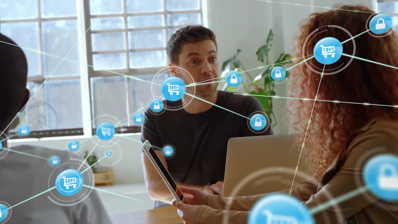 animación de la red de conexiones con iconos sobre diversas personas de negocios discutiendo el trabajo