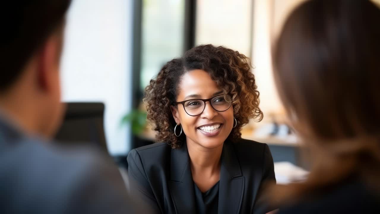 A professional woman in an office setting engages with two colleagues