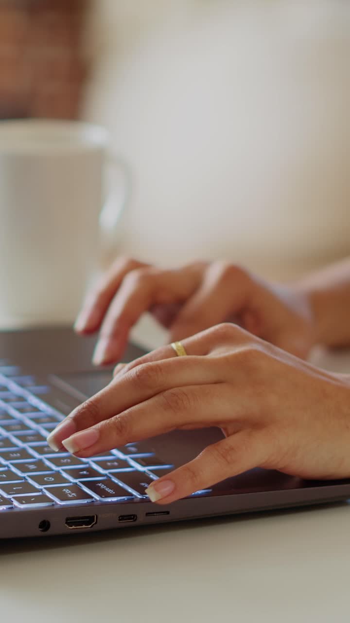 Video verticale di un telelavoratore che scrive e-mail sul portatile e le invia ai partner commerciali