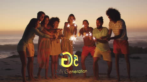 celebrating with sparklers, diverse group on beach with animation text display
