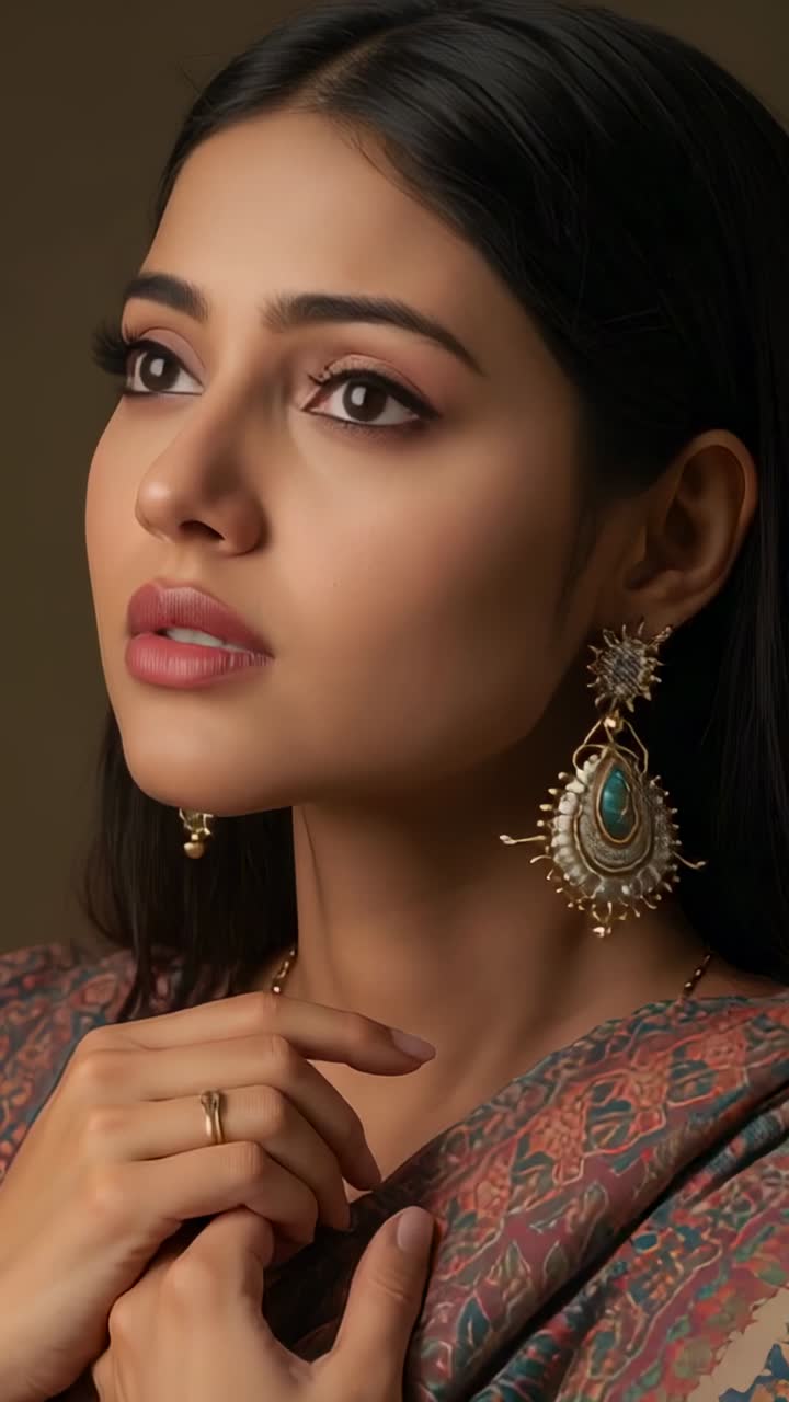 Vertical video: Camera cueing woman lifting chin, gazing up for studio, shawl, turquoise earrings