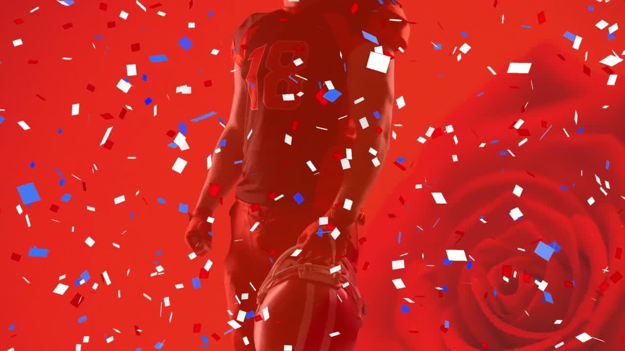 Animation of fireworks and roses over american football player on red background