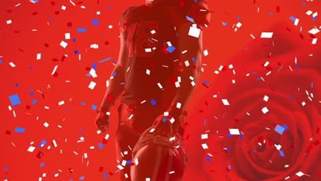 Animation-of-fireworks-and-roses-over-american-football-player-on-red-background