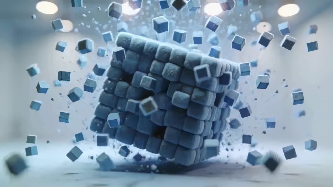 Pulsing plush voxel cube shedding rounded sub-cubes, rotating and lifting in studio, lights