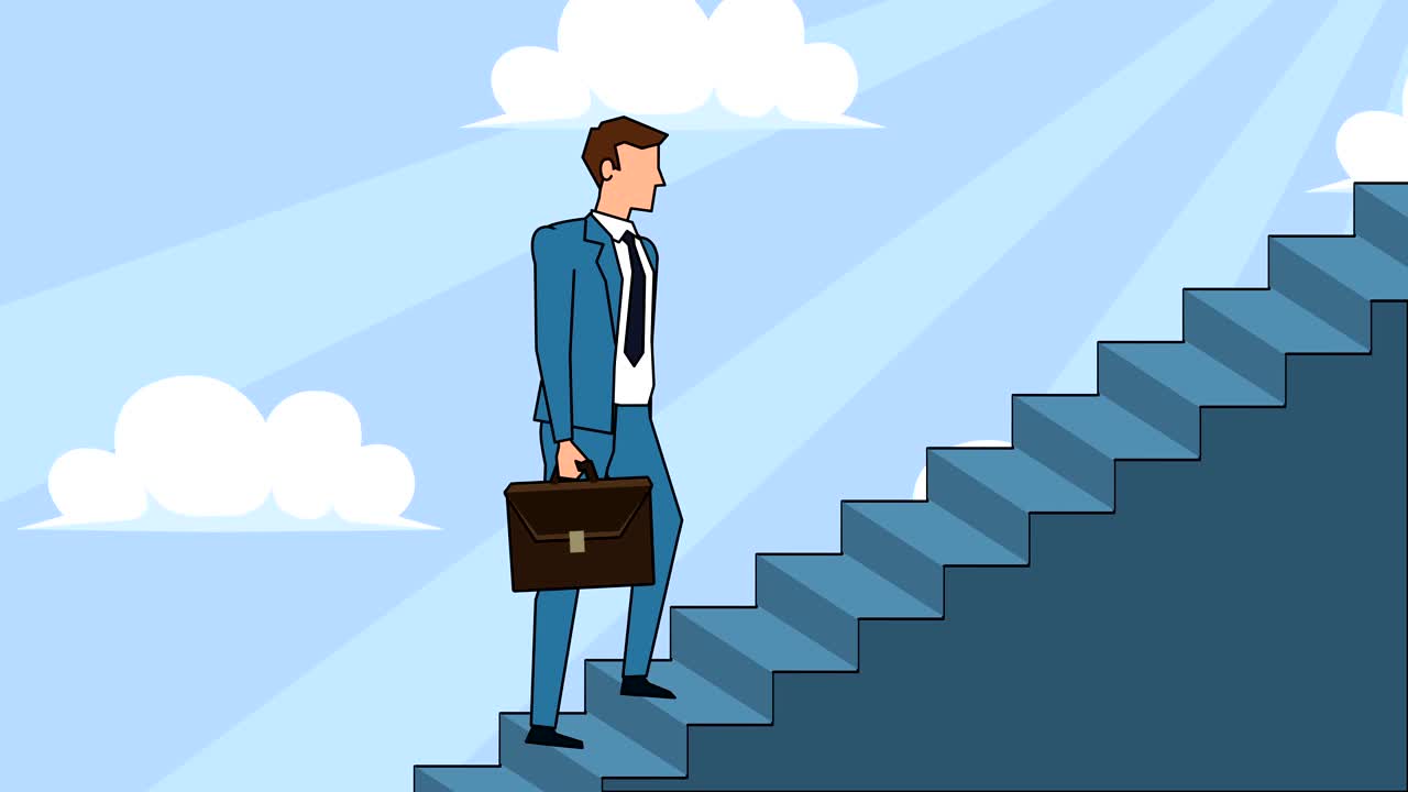 personaje de dibujos animados hombre de negocios plano con bolsa de caso sube las escaleras de la carrera animación