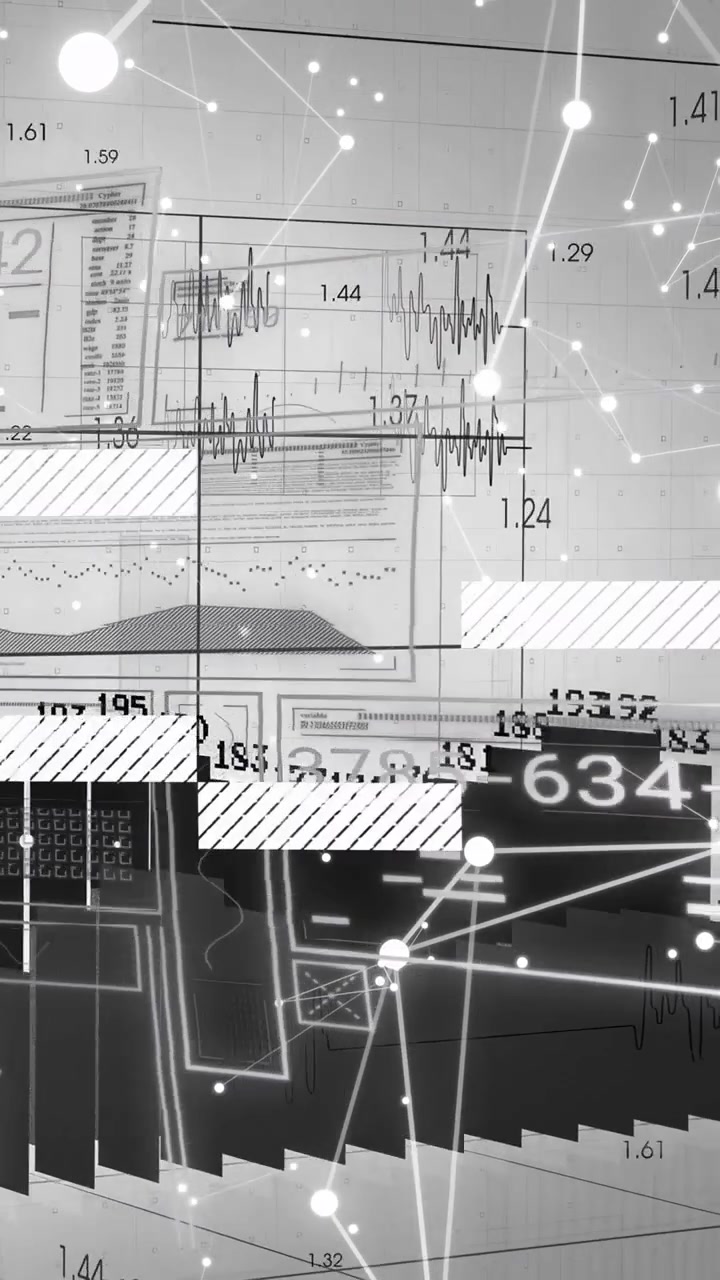 Vertical video: Tech dashboard receiving live feed, updating bars, waves, metrics, flowing nodes