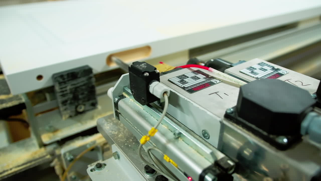 Electric device for making wooden doors. Manufacturing furniture. Machine tool doing hole in a board. Production of doors. Close-up.