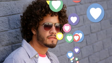 animation of social media heart icons and numbers over man drinking coffee
