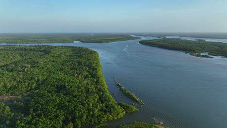 aerial: parnaiba river delta during the day in araioses, in the state of maranhao, brazil, establishing drone shot