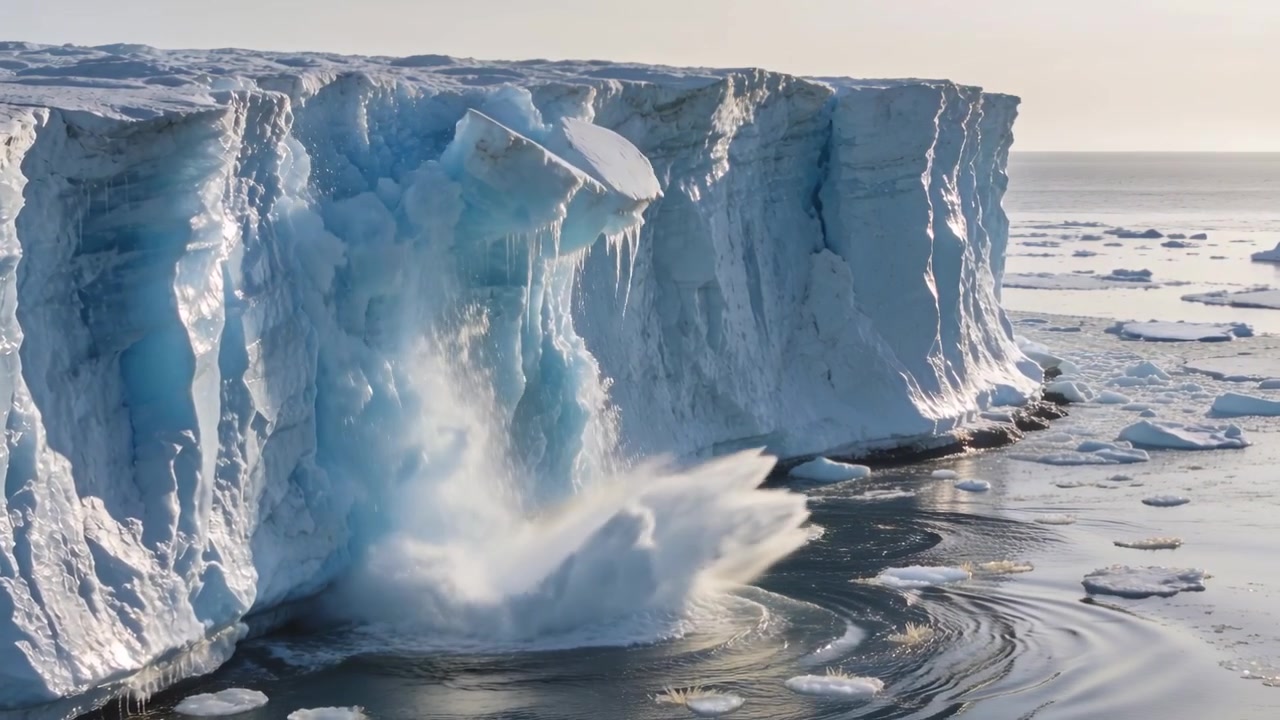 Ruscelli di acqua di disgelo scorrono lungo la scogliera di ghiaccio polare che si crepa, un blocco che si inclina si stacca, sollevando spruzzi
