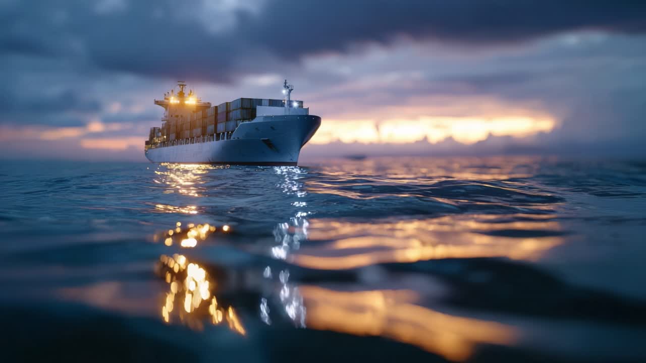 Ein Frachtschiff navigiert bei Sonnenuntergang durch ruhiges Wasser und zeigt lebendige Spiegelungen sowie die friedliche Schönheit des Seehandels vor einem dramatischen Himmel.