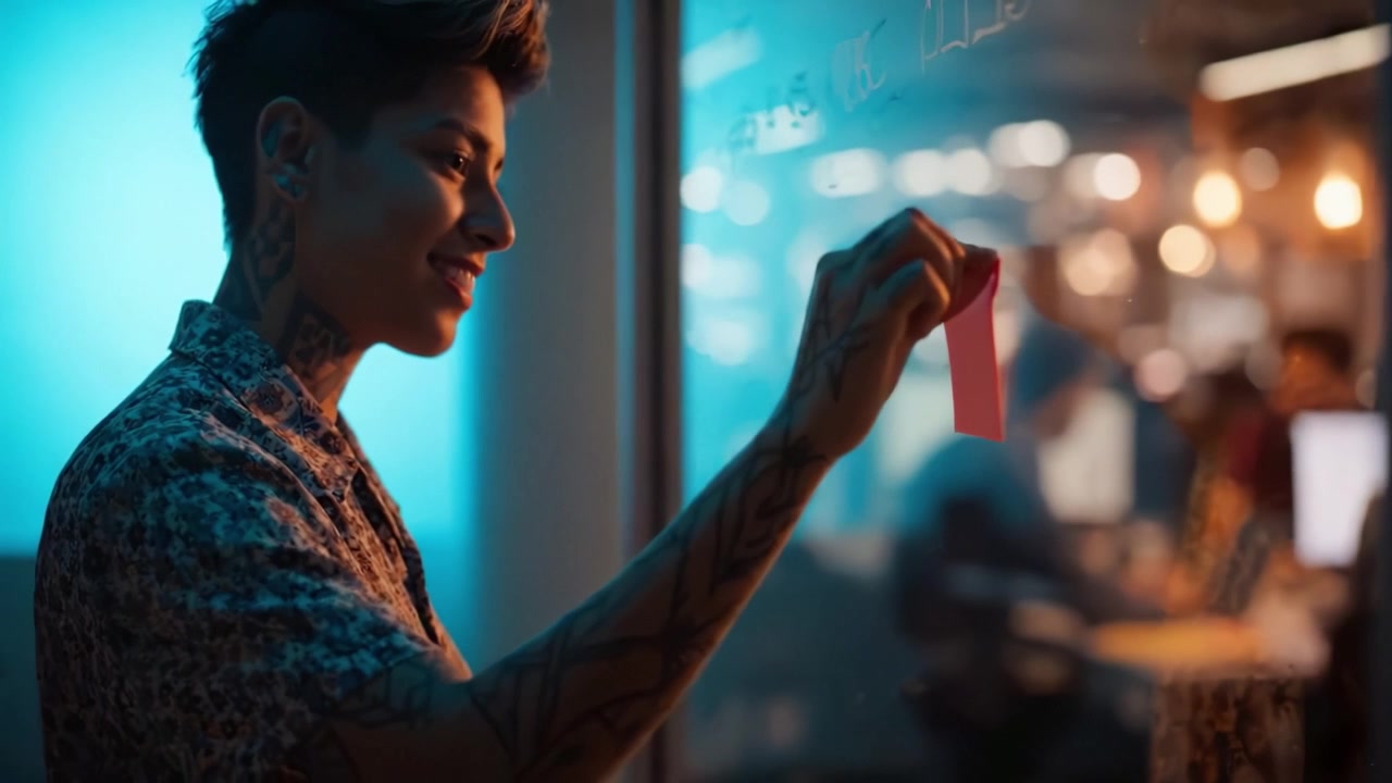 A Creative Individual Writing Notes in a Modern Work Environment, Combining Innovation with Personal Expression Through Visual Communication Techniques