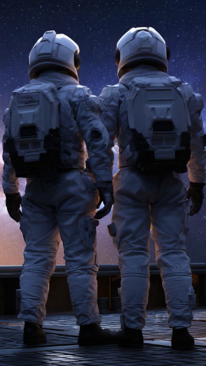 Dos astronautas con trajes espaciales contemplan la belleza cósmica del universo, cautivados por estrellas y galaxias en una impresionante exhibición celestial nocturna.