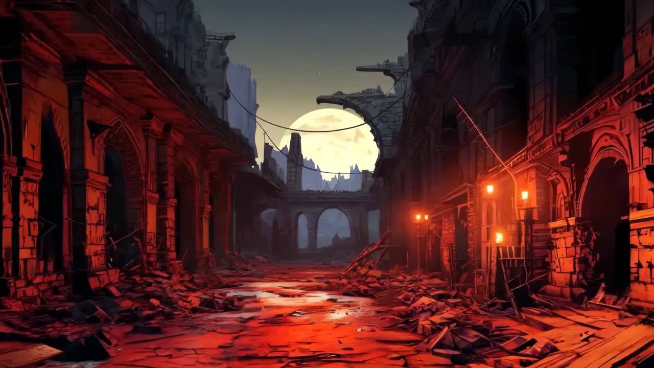 un callejón oscuro con una luna llena en el fondo