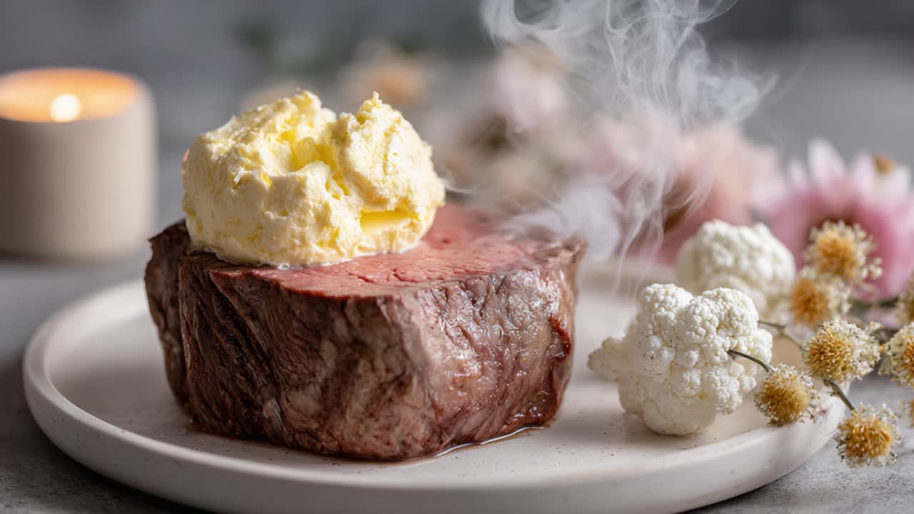 Delicious and Tender Steak with Creamy Butter, Surrounded by Elegant Flowers and a Soft Candle Glow, Highlighting Gourmet Culinary Presentation