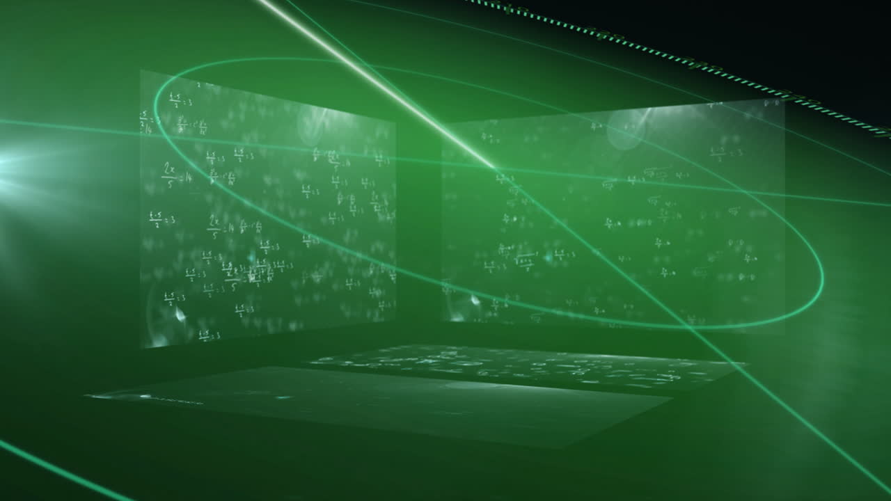 Animation of glowing lines and mathematical equations in green digital space