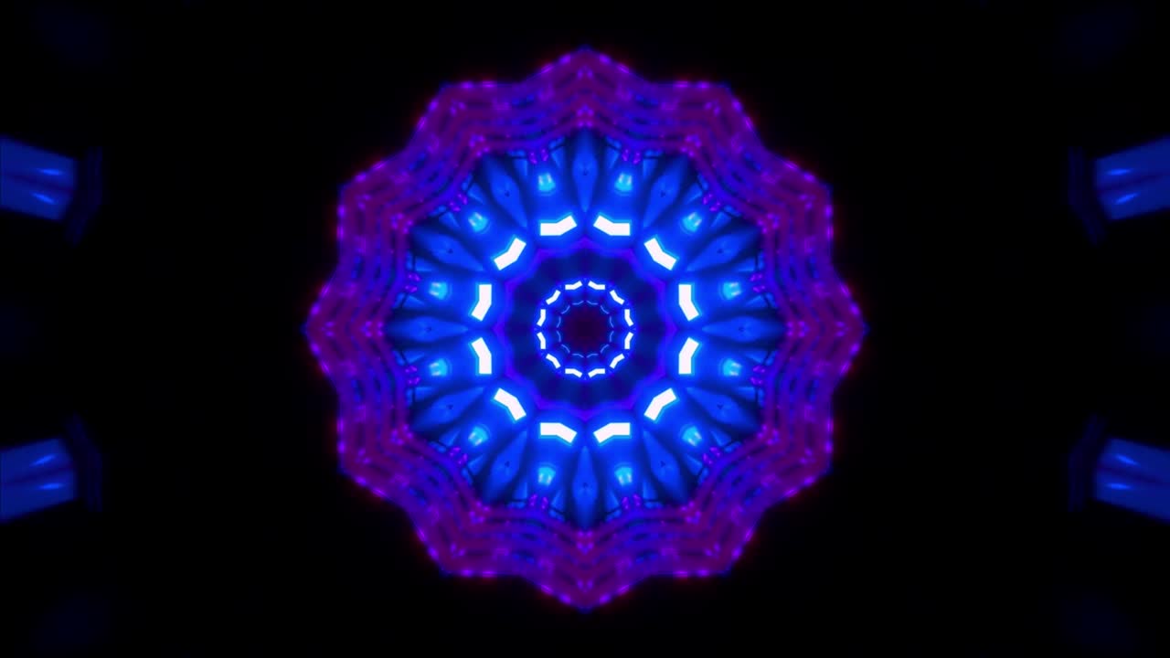 mandala fractal psicodélico, túnel de video en fondo negro. patrones simétricos animados para entrenamiento espiritual y de meditación.