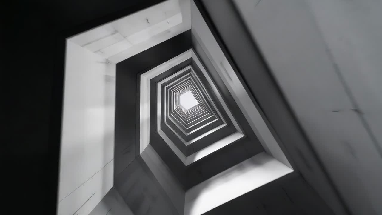 Starting at skylight, rotating camera showing polygonal concrete shaft in atrium drawing eye up