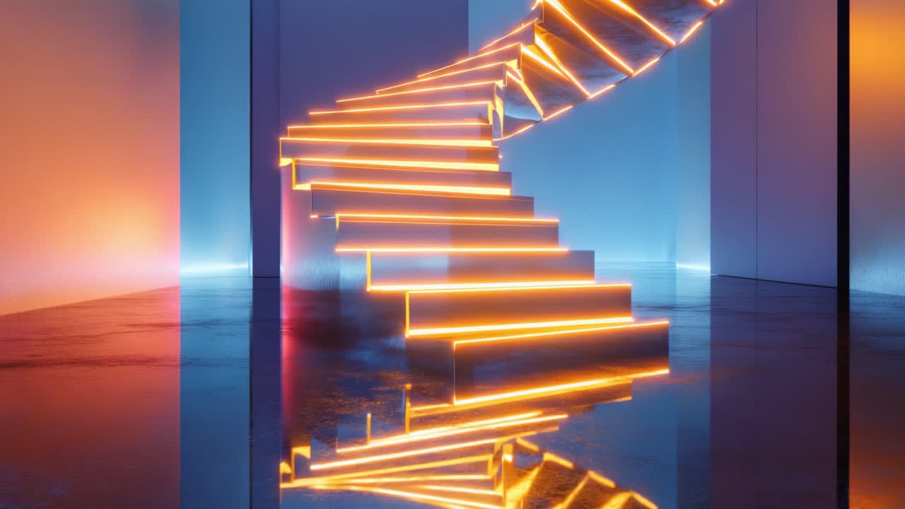 A Stunning Visual of a Modern Spiral Staircase with Illuminated Steps, Showcasing a Unique Architectural Design in a Futuristic Setting Enhanced by Vibrant Lighting Effects