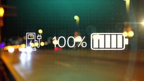 Animation-of-eco-icons-and-data-processing-over-out-of-focus-city-lights