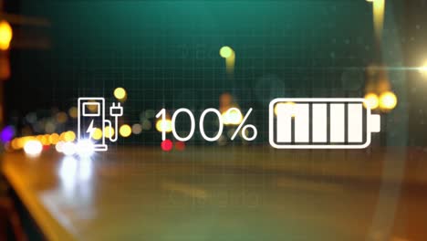 animación de iconos eco y procesamiento de datos sobre luces de la ciudad fuera de enfoque