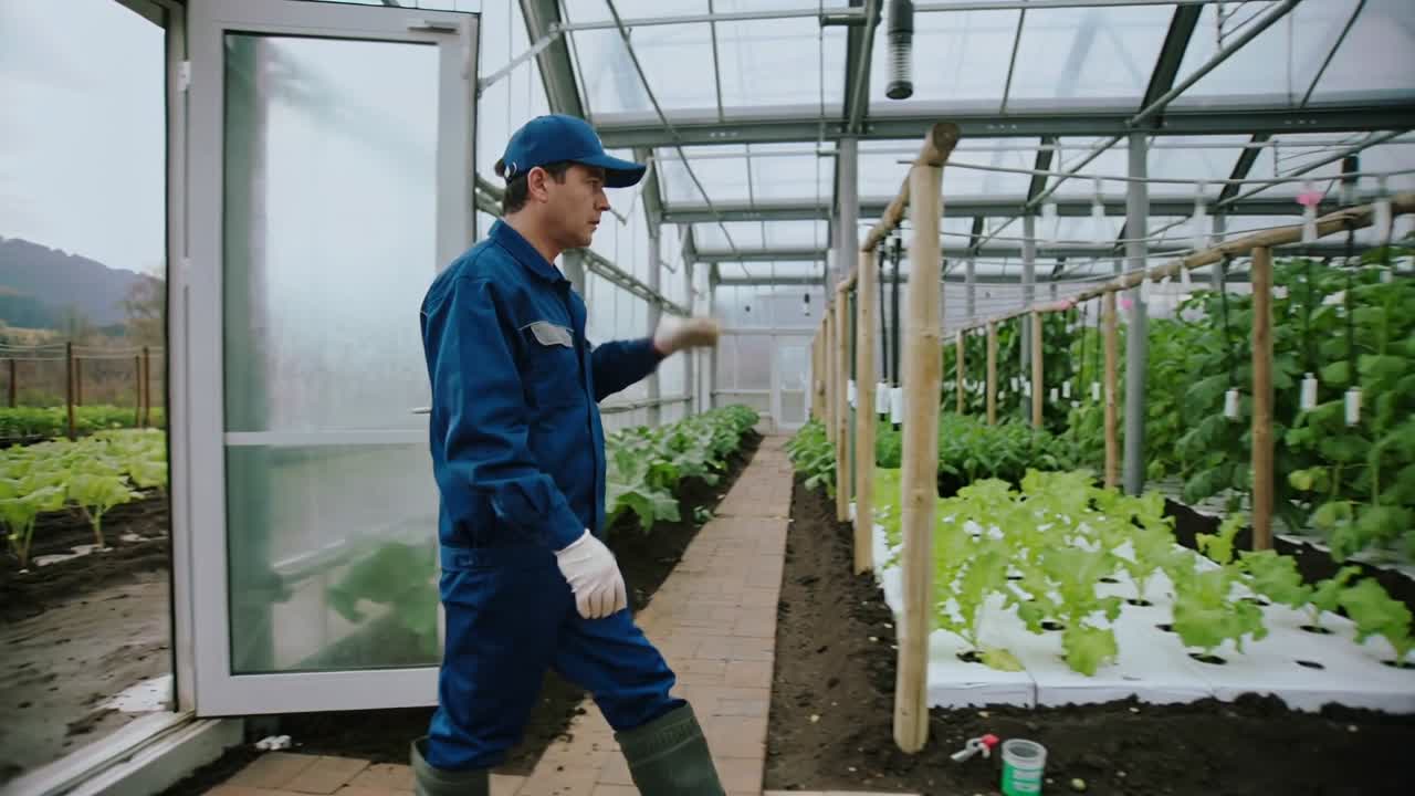 Trabajador con mono azul abriendo una puerta y entrando a un invernadero, caminando por un sendero de ladrillo y revisando los cultivos, con espacio para texto.