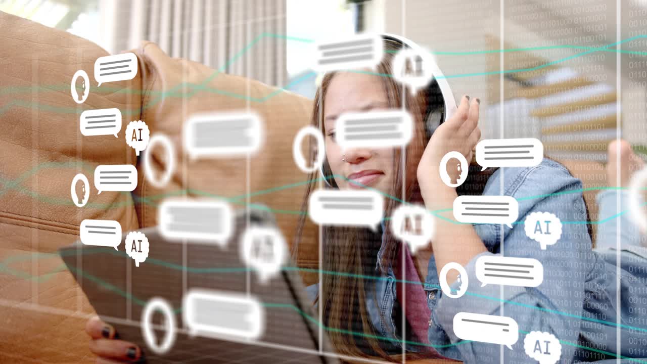 Teen girl lying on couch with tablet, adjusting headset and new AI chat bubbles multiplying