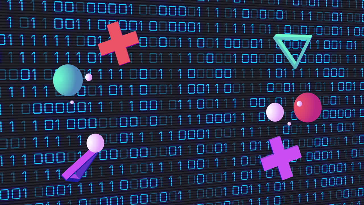 Animation of 3d pink shapes over binary coding on black background