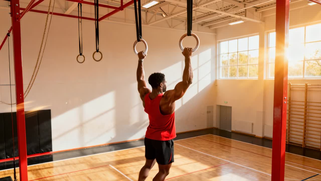 Gripping rings, athlete in red tank pulling, climbing, pressing up in gym demonstrating strength