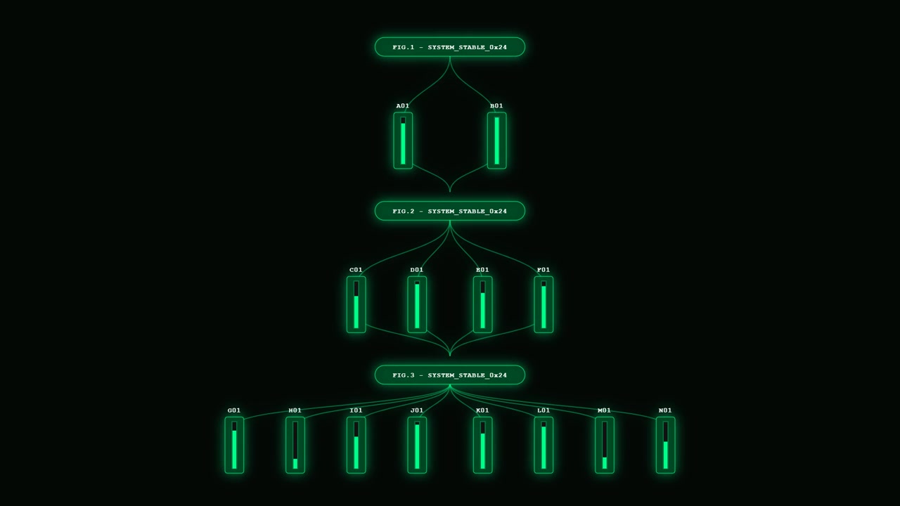 Digital Network Hierarchy Diagram with Glowing Green Nodes