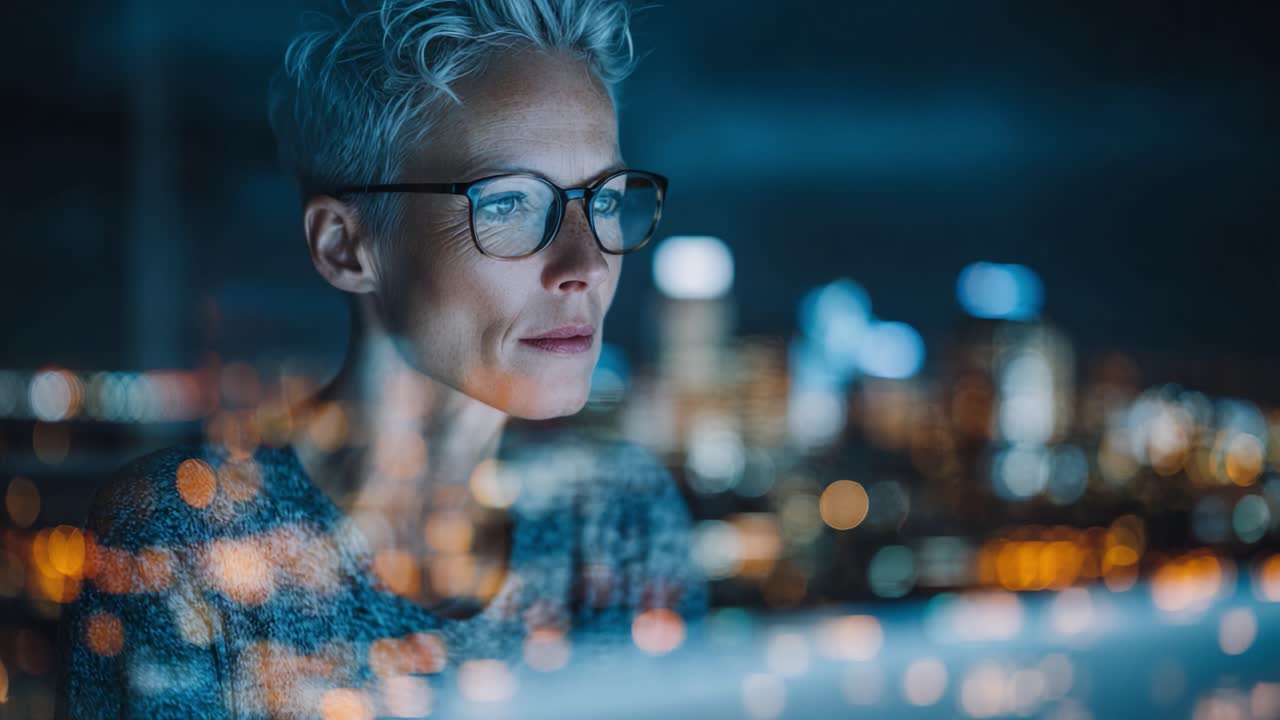 Riflessione contemplativa: un individuo pensieroso illuminato dalle luci della città attraverso una finestra, catturando l'essenza della concentrazione e della serenità nell'atmosfera urbana