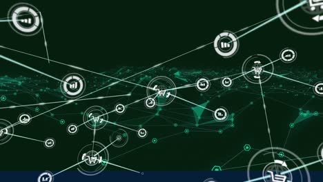 animation of network of connections with online shopping icons over glowing green light trails