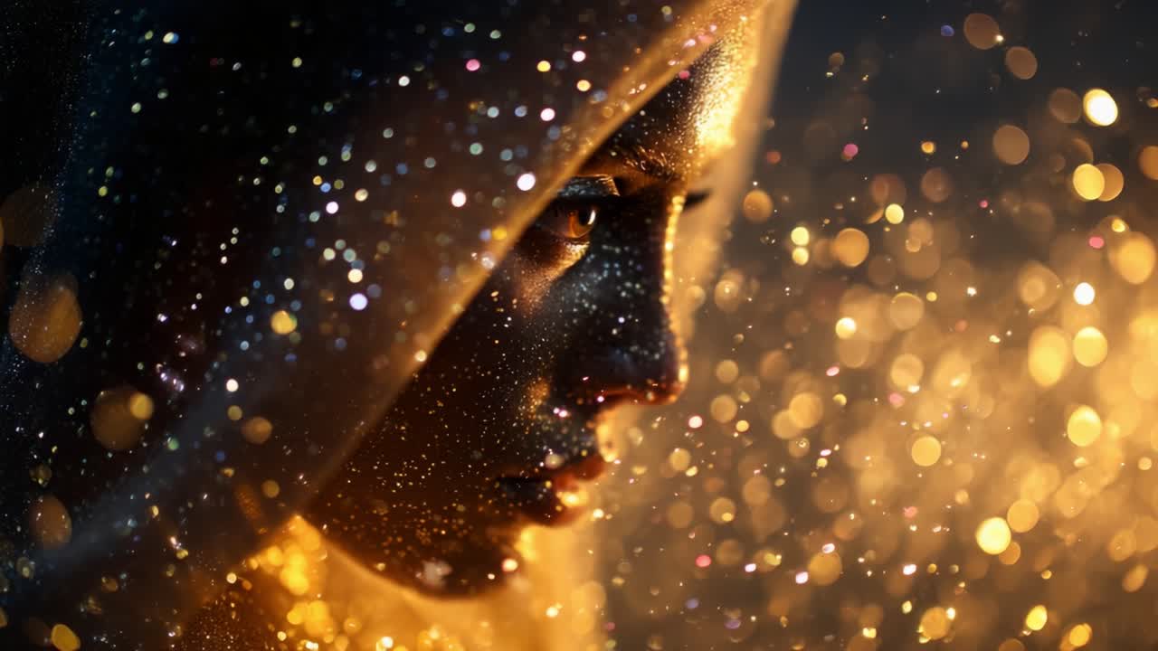 A mesmerizing portrait of a woman shrouded in delicate shimmering particles, capturing the essence of beauty, mystery, and ethereal lighting, evoking emotions through the interplay of light, color, and expression