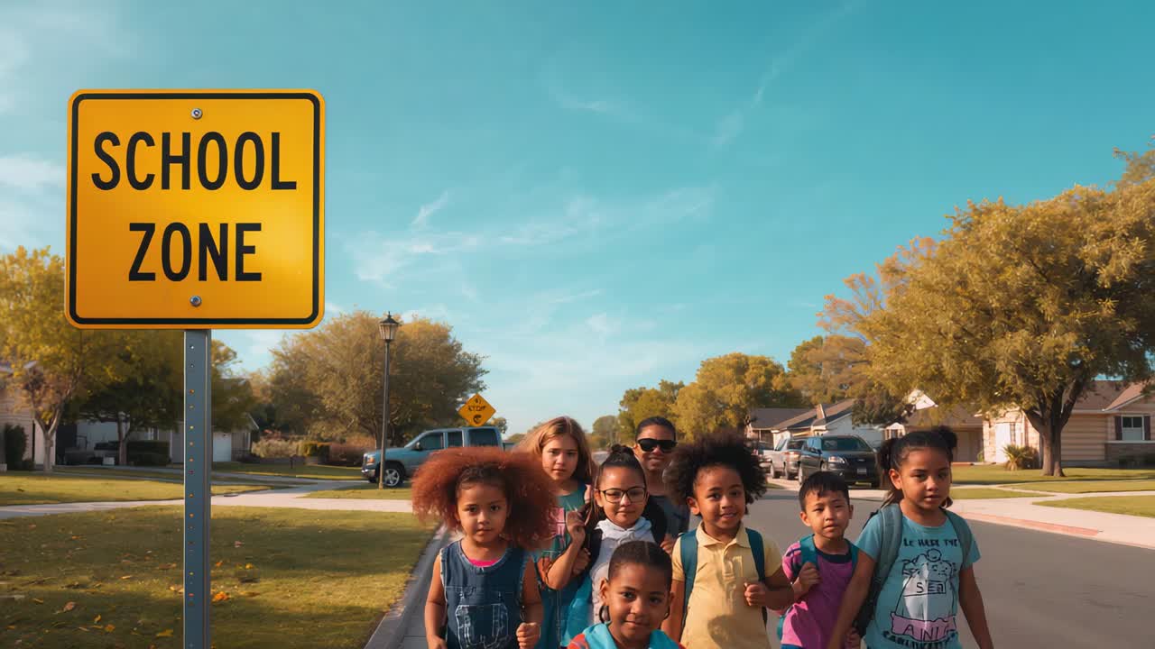 Walking schoolchildren advancing toward camera on suburban street, with school zone sign, backpacks