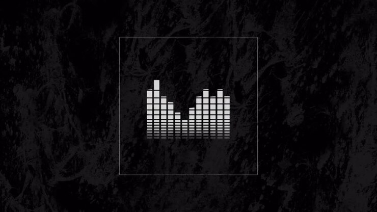 Digital animation of music equalizer over square banner against black background