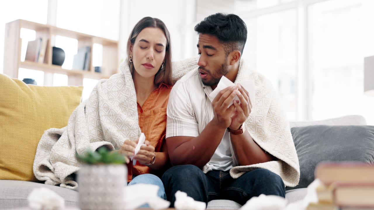 pareja enferma, gripe y estornudo de la nariz para el resfriado