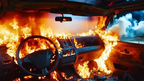 a car is engulfed by flames in a parking lot