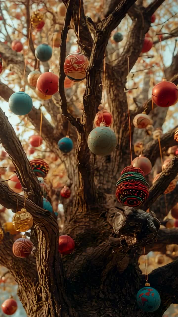 Vertical video: Rising camera capturing colorful ornaments swaying in breeze on tree in park
