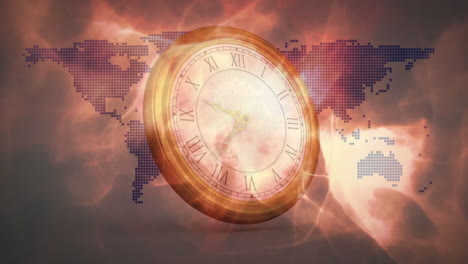 animation of clock face with roman numerals over digital world map background