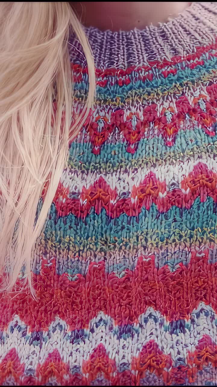 Vertical video: Camera remaining fixed in interior close up, showing zigzag sweater and blonde hair