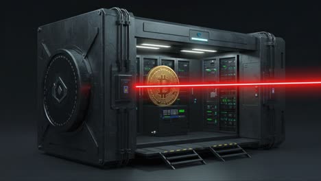 a cutting-edge cryptocurrency vault showcasing a bitcoin coin with high-tech server racks and a red laser beam, highlighting security and digital innovation